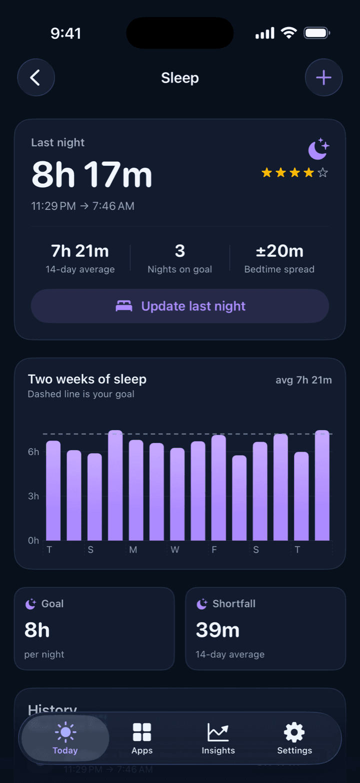 Into Health Sleep screen